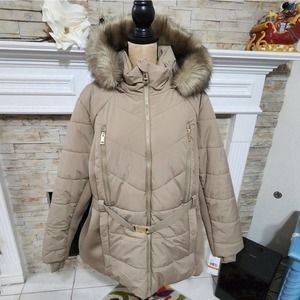 Michael Kors tan Taupe long‎ puffer coat faux fur trim plus size 3X NEW!!!